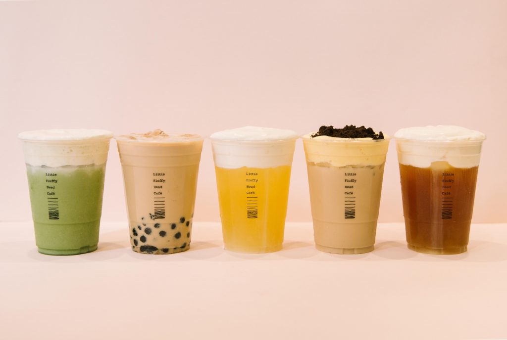 From left to right is Chedd-Cha, Original Boba Milk Tea, Fluffy Jasmine Green Tea, Dirty Mess, and Fluffy Medium Oolong Tea.
